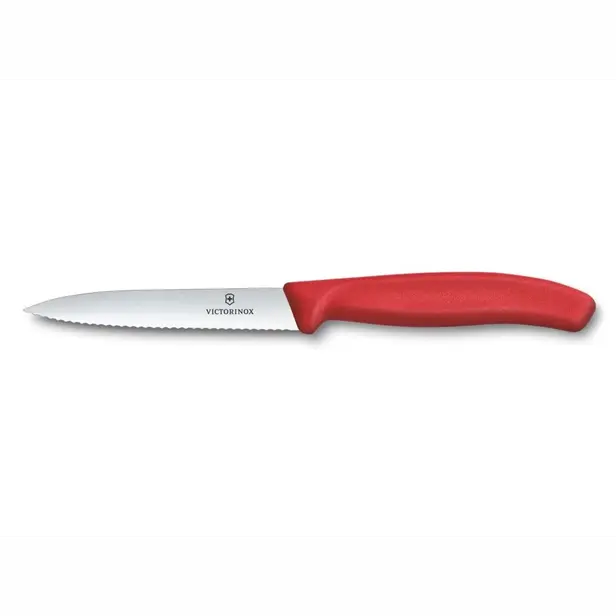 Kuchyňský nůž Victorinox vlnitý špičatý červený 10 cm