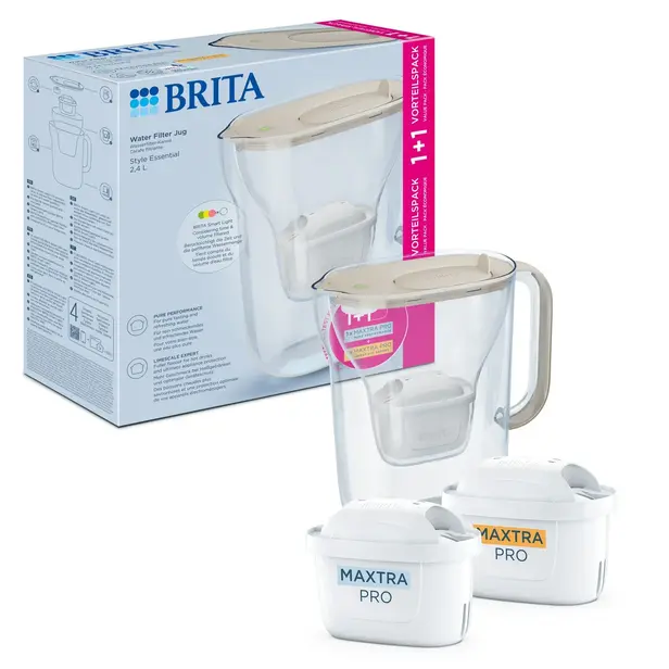 Filtrační konvice Brita Style Essential 2,4 l, písková se 2 filtry Maxtra Pro (Hard Water a Pure Performance)