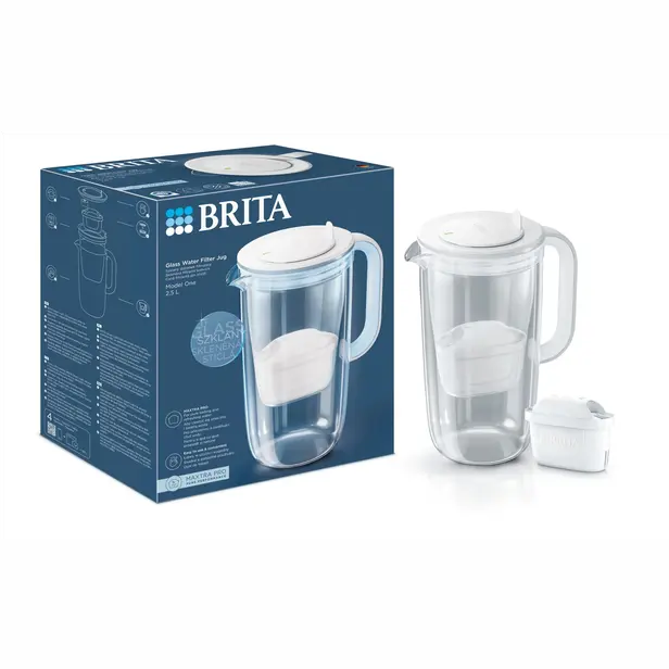 Skleněná filtrační konvice Brita Glass Jug, 2,5 l, světle modrá s 1 vodním filtrem Brita Maxtra Pro Pure Performance