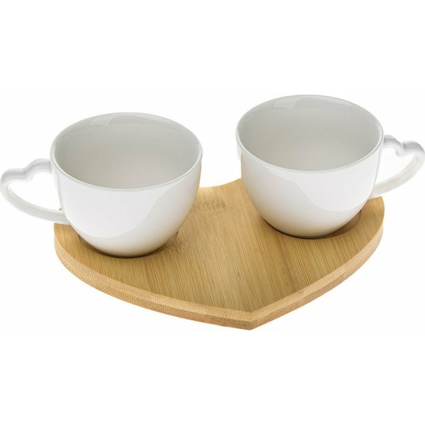 Sada 2 porcelánových šálků s bambusovým podtáckem 80 ml, 2 ks Srdce