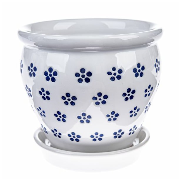 Keramický obal na květináč bílý modré kytičky Buclák Dakls 12 cm